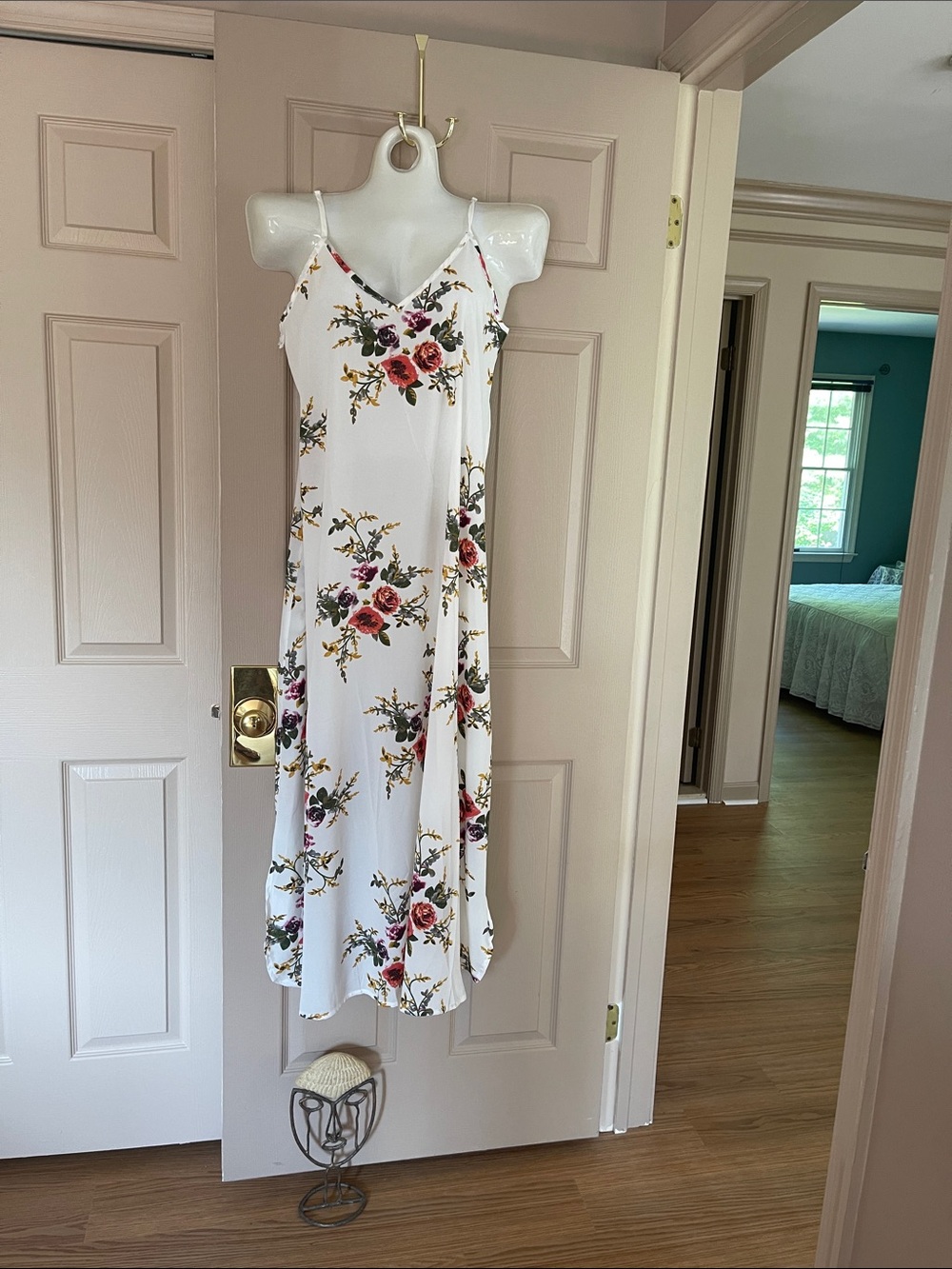 White Floral Midi Slip Dress with Pink Rose Print
